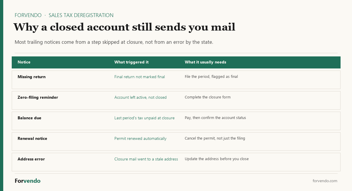 Why a closed sales tax account still sends notices after deregistration